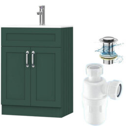 Belofay 600mm Bathroom Vanity Unit With Basin, White Ceramic Bathroom Sink With Trap And Waste, No Tap Included(Crawley Green)