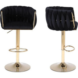 Pair Of Velvet Golden Bar Stools 360 Swivel & Height Adjustable Breakfast Stools Black - thumbnail 1
