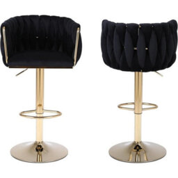 Pair Of Velvet Golden Bar Stools 360 Swivel & Height Adjustable Breakfast Stools Black - thumbnail 4