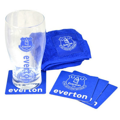 Everton Fc Official Wordmark Mini Football Bar Set (Pint Gl, Towel & Mats) Blue/clear (One Size)