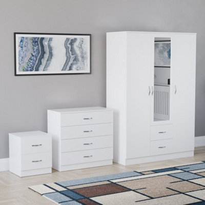 Lassic Vida Designs Riano 3 Piece Bedroom Set (2 Drawer Bedside Chest, 4 Drawer Chest, 3 Door 2 Drawer Mirrored Wardrobe), White - image 1