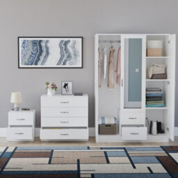 Lassic Vida Designs Riano 3 Piece Bedroom Set (2 Drawer Bedside Chest, 4 Drawer Chest, 3 Door 2 Drawer Mirrored Wardrobe), White - thumbnail 2