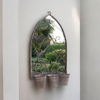 Minster Rusty Wall Mirror With Triple Planter - Distressed Metal - L15 X W45 X H78 Cm - image 1