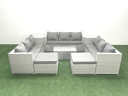 Fimous Rattan Garden Outdoor Furniture Set 11 Seater Garden Sofa Coffee Table Set 2 Big Stools Side Table Light Grey - thumbnail 2