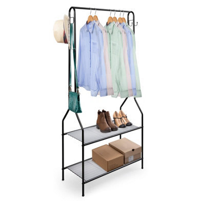 House Of Home Clothes Rack With 2 Shoe Shelves Rail For Coats Jackets 4 Hanging Storage Hooks Black - image 1