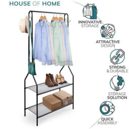 House Of Home Clothes Rack With 2 Shoe Shelves Rail For Coats Jackets 4 Hanging Storage Hooks Black - thumbnail 8