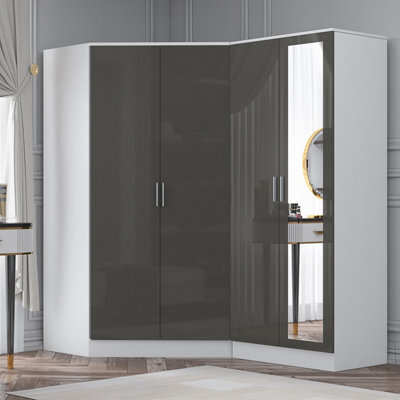 Reflect 2Pc Wardrobe Bundle - 2 Door Corner + 2 Door Mirror - Grey Gloss & Matt White - H: 180Cm X W: 179Cm X D: 103Cm - image 1