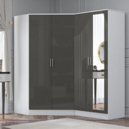 Reflect 2Pc Wardrobe Bundle - 2 Door Corner + 2 Door Mirror - Grey Gloss & Matt White - H: 180Cm X W: 179Cm X D: 103Cm - thumbnail 1