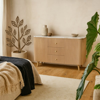 Wyld Haus Boston Natural Oak Sideboard With Brown Marble Top, 3 Drawers And 2 Doors - image 1