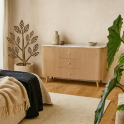 Wyld Haus Boston Natural Oak Sideboard With Brown Marble Top, 3 Drawers And 2 Doors