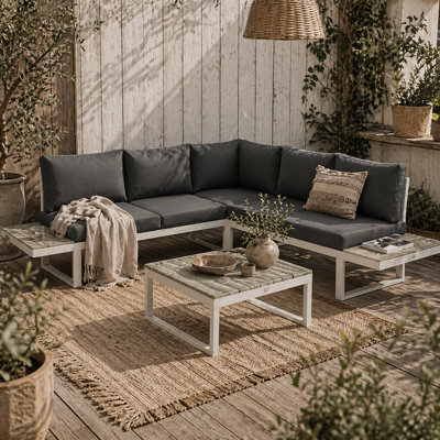 Wyld Haus Vayo 5-Seater Reclining Corner Garden Sofa Set - White Frame With Grey Cushions And Wood-Effect Table - image 1