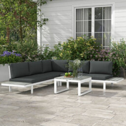 Wyld Haus Vayo 5-Seater Reclining Corner Garden Sofa Set - White Frame With Grey Cushions And Wood-Effect Table - thumbnail 3