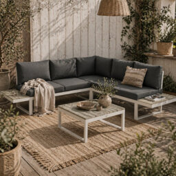 Wyld Haus Vayo 5-Seater Reclining Corner Garden Sofa Set - White Frame With Grey Cushions And Wood-Effect Table - thumbnail 1