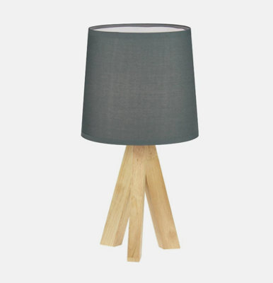 Modern Natural Wood 36Cm Tripod Table Lamp Bedside Light With Grey Shade - image 1