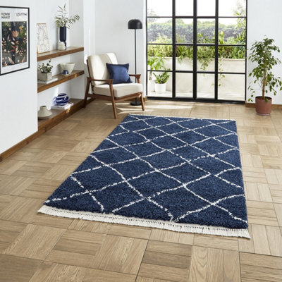 Navy Geometric Shaggy Rug, Stain-Resistant 45mm Thick Modern Rug For Bedroom, Living Room, & Dining Room-80Cm X 150Cm - image 1