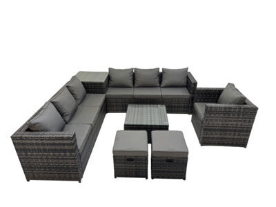 Fimous 9 Seater Garden Outdoor Rattan Furniture Set Patio Corner Sofa Coffee Table With Side Table 2 Small Stool Dark Grey - image 1