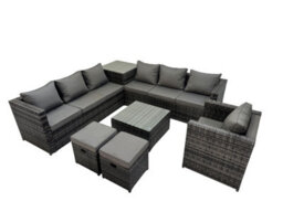 Fimous 9 Seater Garden Outdoor Rattan Furniture Set Patio Corner Sofa Coffee Table With Side Table 2 Small Stool Dark Grey - thumbnail 2