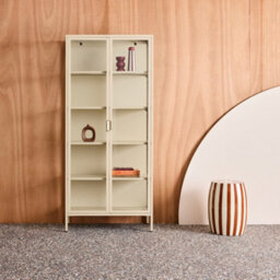 Sweeek - Sideboard, Steel And Tempered Glass China Cabinet With 2 Doors, Arkansas, Beige, 80X35X180 Cm - thumbnail 1