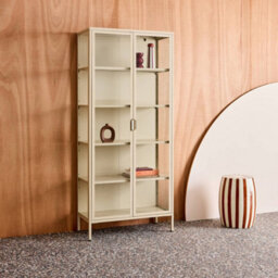 Sweeek - Sideboard, Steel And Tempered Glass China Cabinet With 2 Doors, Arkansas, Beige, 80X35X180 Cm - thumbnail 5