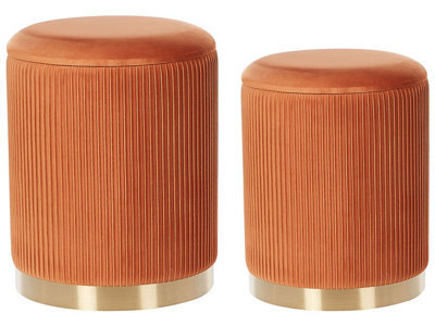 Wyld And Coco Luxora Set Of 2 Orange Velvet Storage Pouffes With Gold Base, Tufted Round Accent Seating - image 1
