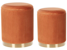 Wyld And Coco Luxora Set Of 2 Orange Velvet Storage Pouffes With Gold Base, Tufted Round Accent Seating - thumbnail 1