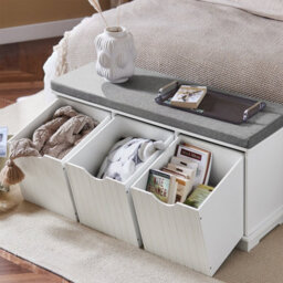 Sobuy Fsr30-W, Hallway Storage Bench Shoe Cabinet With 3 Large Storage Drawers Shoe Rack With Removable Cushion, White - thumbnail 6