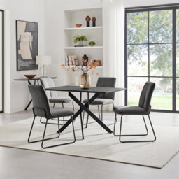 Furniturebox Uk Leonardo Black Top Dining Table & 4 Halle Dark Grey Fabric Chairs - thumbnail 1