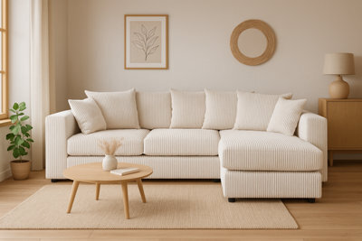 Eco Living Asher Jumbo Cord Corner Sofa Right Hand Facing Chaise Cream