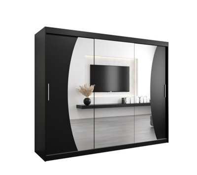 Arte Wave Contemporary 3 Mirrored Sliding Door Wardrobe 9 Shelves 2 Rails Black Matt (H)2000mm (W)2500mm (D)620mm - image 1