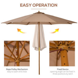 Outsunny 3(M) Wooden Garden Parasol Sun Shade Outdoor Umbrella Canopy Khaki - thumbnail 4
