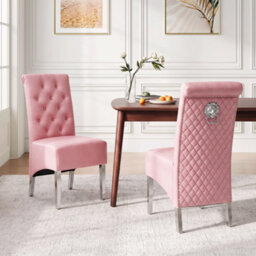 Set of 2 Lux Pink Velvet Dining Chairs with Silver Legs and Lion Head Pull Knocker, High Back Kitchen Home Office Bedroom Chairs - thumbnail 1
