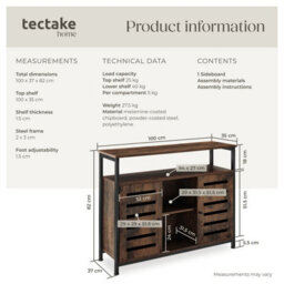 Tectake Sideboard Warrington - 2 Large Shelves, 3 Storage Compartments 100 Cm - Industrial Wood Dark, Rustic - thumbnail 6