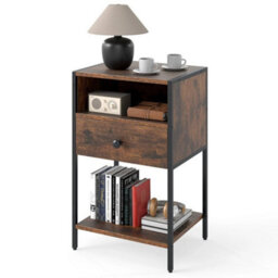 Industrial End Table Nightstand With Open Compartment-Coffee - thumbnail 1
