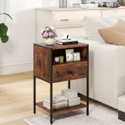 Industrial End Table Nightstand With Open Compartment-Coffee - thumbnail 3