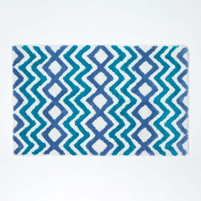 Homescapes Teal And Blue Chevron Cotton Bath Mat - image 1