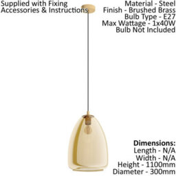 Stylish Brushed Brass Pendant Ceiling Light With Amber Vaporized Glass Shade - thumbnail 2