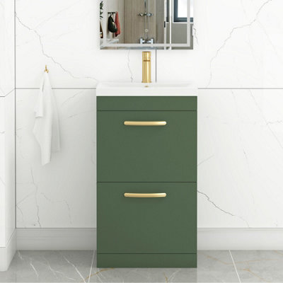 Royal Bathrooms Turin 500mm Floor Standing Vanity Unit Matt Green 2 Drawer Mid-Edge Basin With Brushed Brass Handles - image 1