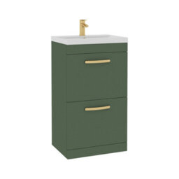 Royal Bathrooms Turin 500mm Floor Standing Vanity Unit Matt Green 2 Drawer Mid-Edge Basin With Brushed Brass Handles - thumbnail 6