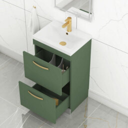Royal Bathrooms Turin 500mm Floor Standing Vanity Unit Matt Green 2 Drawer Mid-Edge Basin With Brushed Brass Handles - thumbnail 5