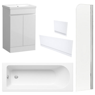 FNX Bathrooms Waterproof 600mm Vanity Unit With Single Ended Bath, Gloss White Panels & Chrome Profile Bath Screen - image 1