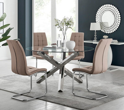 Furniturebox Uk Vogue Large Round Chrome Metal Clear Glass Dining Table And 4 Cappuccino Beige Murano Dining Chairs Set - image 1