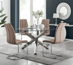 Furniturebox Uk Vogue Large Round Chrome Metal Clear Glass Dining Table And 4 Cappuccino Beige Murano Dining Chairs Set