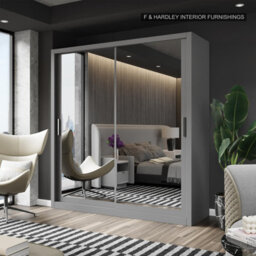 Fhif Dubai 100Cm Grey Sliding Door Wardrobe Modern Bedroom Storage With Full Length Mirror Shelves And Hanging Rails