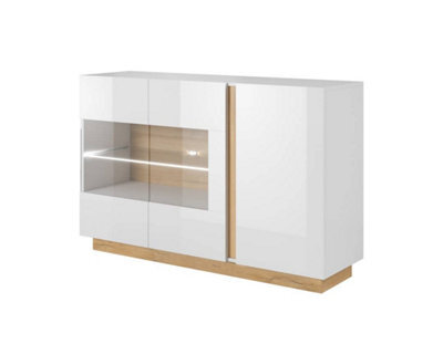 Arte Arco Contemporary Display Sideboard Cabinet 3 Hinged Doors 2 Shelves White Gloss & Oak Grandson Effect (H)910mm (W)1380mm (D)400mm - image 1