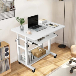 White Mobile Height Adjustable Bedside Desk With Keyboard Tray - thumbnail 5