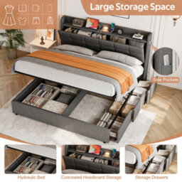 Btm 5Ft King Upholstered Bed Frame With Hydraulic Storage Hidden Headboard Drawers Charging Station Led Light Grey No Mattress - thumbnail 6