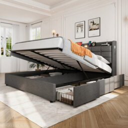 Btm 5Ft King Upholstered Bed Frame With Hydraulic Storage Hidden Headboard Drawers Charging Station Led Light Grey No Mattress - thumbnail 2
