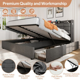 Btm 5Ft King Upholstered Bed Frame With Hydraulic Storage Hidden Headboard Drawers Charging Station Led Light Grey No Mattress - thumbnail 8