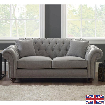 Xample Bordeaux Button Back Grey Fabric 3-Seater Sofa - Tufted Scroll Arms, Foam Cushions, Solid Wood Legs, Accent Pillows Included - image 1