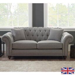 Xample Bordeaux Button Back Grey Fabric 3-Seater Sofa - Tufted Scroll Arms, Foam Cushions, Solid Wood Legs, Accent Pillows Included - thumbnail 1